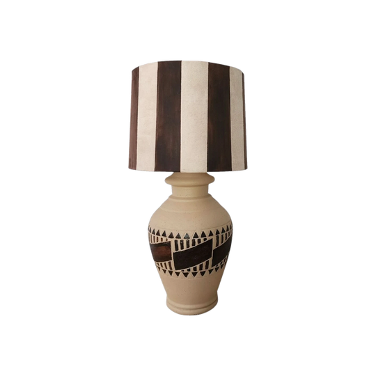 Vintage Upcycled Hand-Painted Ceramic Table Lamp with Suede Shade, Tribal Motif