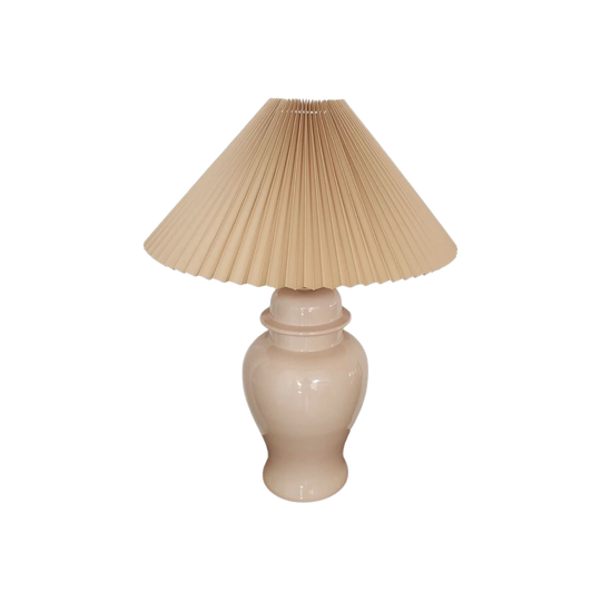 Vintage Large Cream Ceramic Ginger Jar Table Lamp with Tan Pleated Lampshade