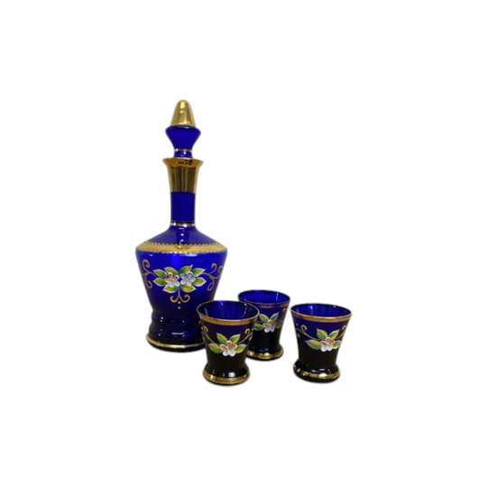 Vintage Japanese Hand-Painted Cobalt Blue Decanter and Three Glasses with Floral Motifs