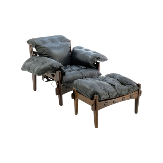 Original Sergio Rodrigues ‘Moleca’ Lounge Chair and Footstool, Brazil, 1963 — Brazilian Hardwood and Leather