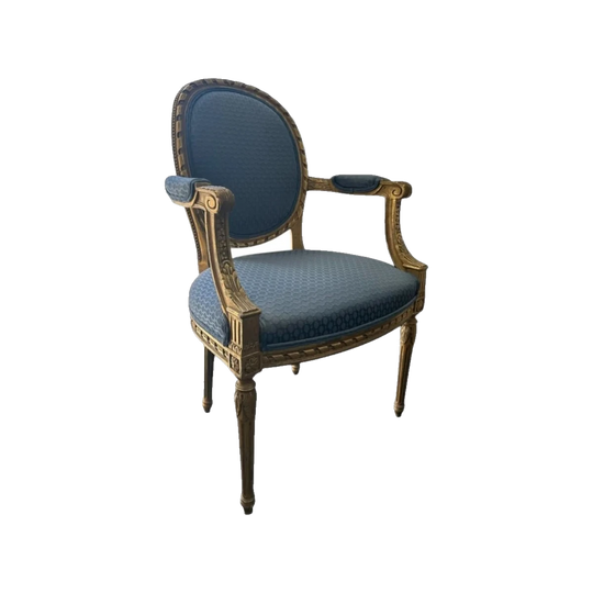 Vintage LXVI-Style Salon Armchair, Gilded Frame, Navy Velvet Upholstery