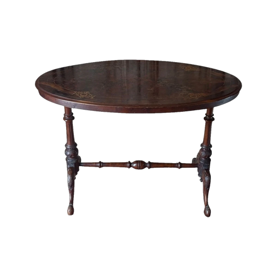 Victorian Burr Walnut Centre Table with Stretcher Base and Inlaid Marquetry Top