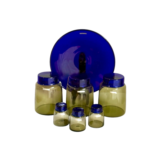 A Rare Set of Smoked Glass Jars with Blue Covers and Matching Glass Bowl by Willy Johansson (1921-1993) for Hadeland Glassverk