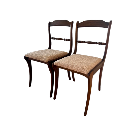 Regency-Style Restored Timber Vintage Chairs, Set of Two – Teak Brown with Kravet ‘Curly’ Pink Sand Upholstery