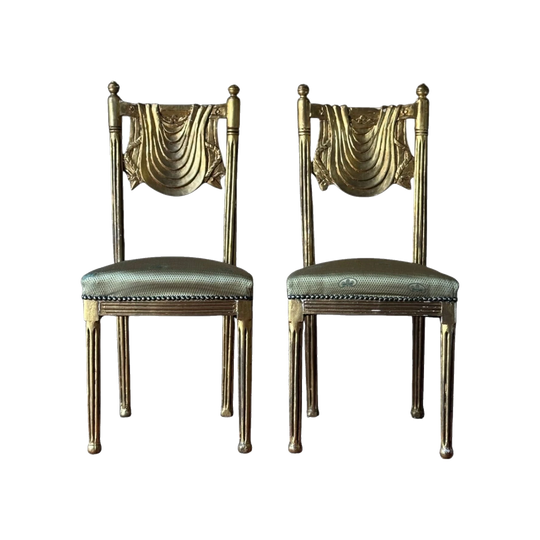Pair of Antique Gilt-Gesso Gold-Leaf Swag-Back Hall Chairs