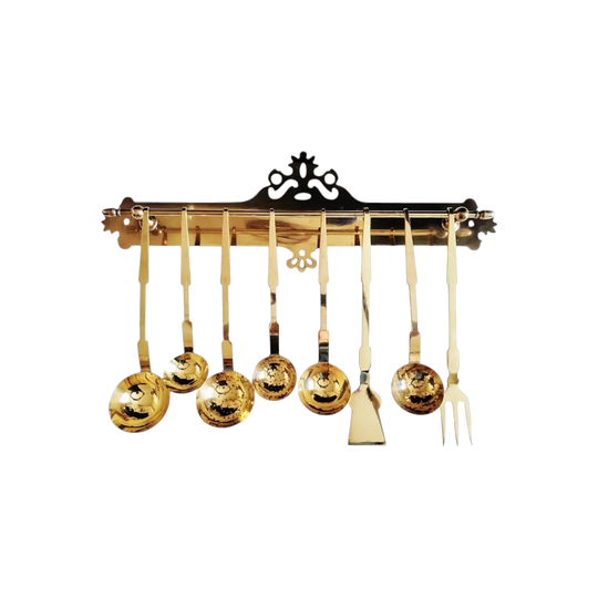 French Brass Kitchen Serving Utensils with Wall Rack, Early to Mid-20th Century, 9-Piece Set