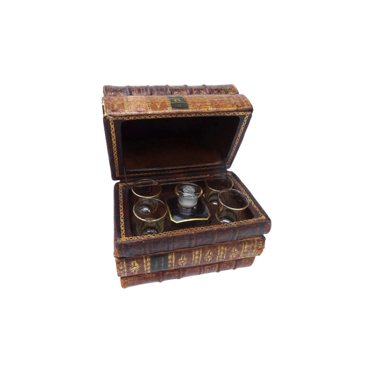 Antique French Secret Book-Stack Tantalus Drinks Server with Four Shot Glasses and Bottle