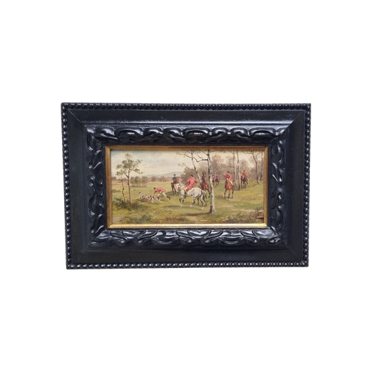 Antique British Hunting Scene with Horses and Dogs, Signed Oil on Panel by Robert Stone (1820–1870), Later Ebonised Ornate Frame