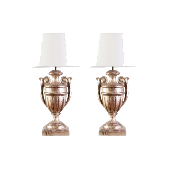 Pair of Italian Silver-Gilt Twin-Handled Urn Lamps, Converted from Hand-Carved Pricket Sticks, 20th Century