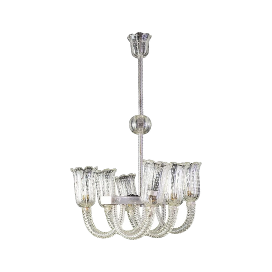 1950s Barovier and Toso Six-Arm Chandelier with Bullicante Detail and Chrome Base, Italy
