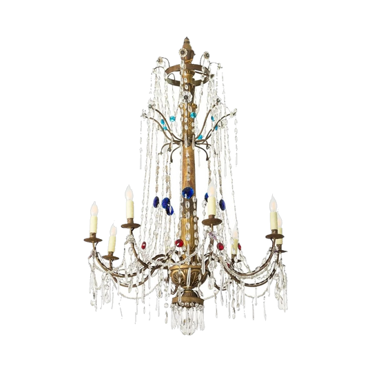 18th-Century Italian Genovese Giltwood and Crystal Eight-Light Chandelier