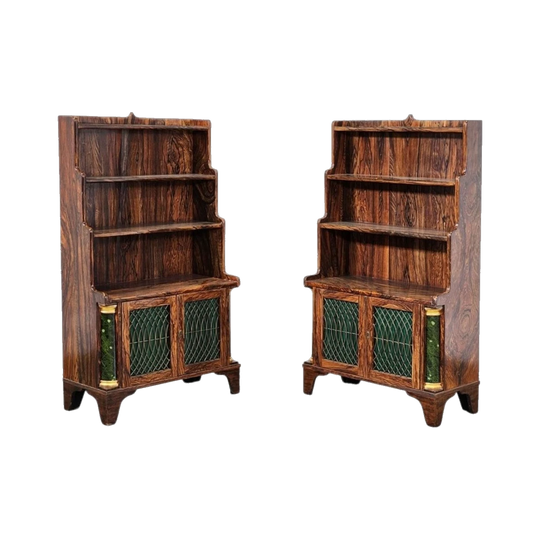 Pair of English Mid-20th Century Three-Tier Waterfall Bookcases in Faux Coromandel with Brass Grille Cupboards, Green Pleated Silk and Faux Malachite Columns