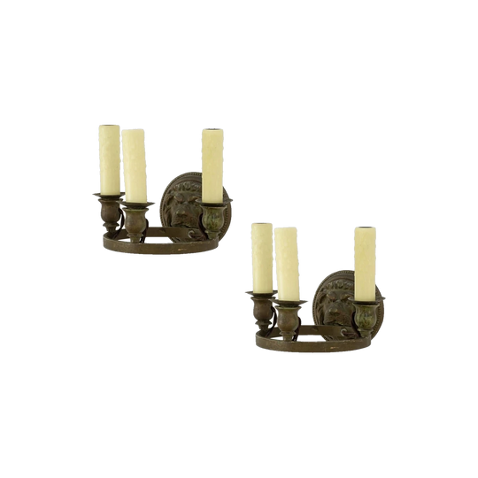 Antique Belgian Lion Head Wall Sconces, Pair, Painted Terracotta with Faux Bronze Finish, c. 1900