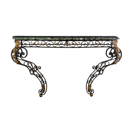 A Large Wrought Iron Table with Verde Marble Top