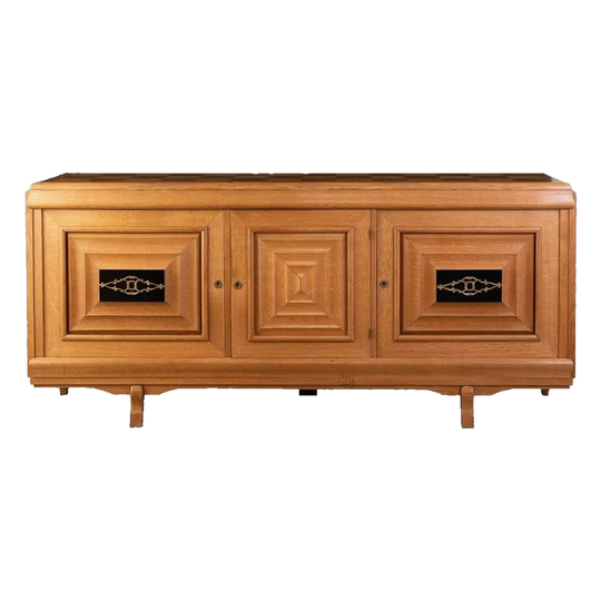 French Late Art Deco Oak Sideboard with Parquetry Top and Three Doors, c. 1950