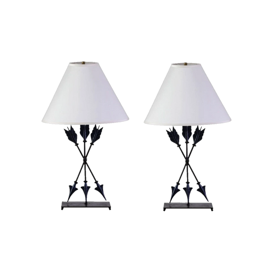 Pair of French Arrow Lamps with Tapering Oval Silk Shades, Late 20th Century (1950s Style)