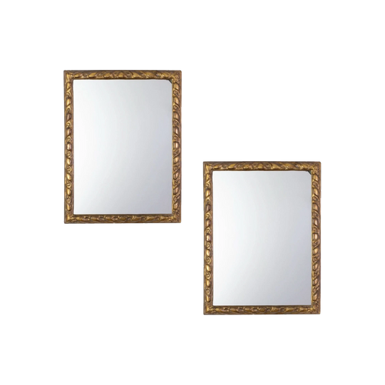 Pair of Antique Italian Giltwood Carved Mirrors, Rectangular Plates with Gadrooned Frames, c. 1900