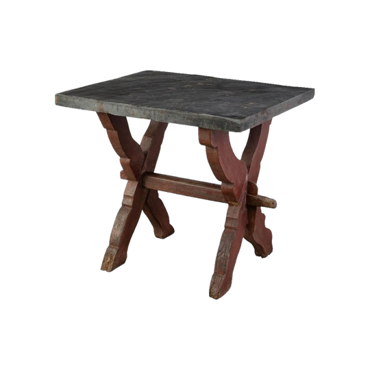 Wabi Sabi 19th Century Northern European Side Table with Thick Slate Slab Top and Primitive Red-Painted Base, c. 1880
