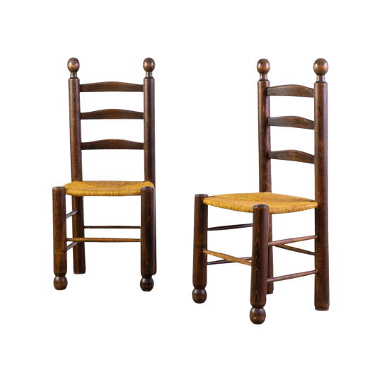Pair of Charles Dudouyt Style Side Chairs, Solid Oak with Rush-Cane Seats, French, c. 1940