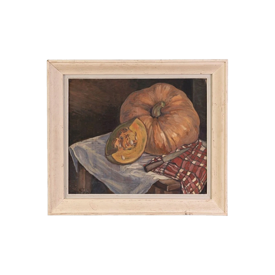 Mid-20th Century Still Life of a Pumpkin (Nature morte à la citrouille), Oil on Canvas, Frances Coignet Lyon, White Wooden Frame