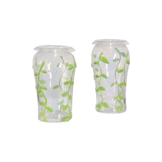 Pair of Iridescent Murano Vases with Applied Green Leaves, c.1970