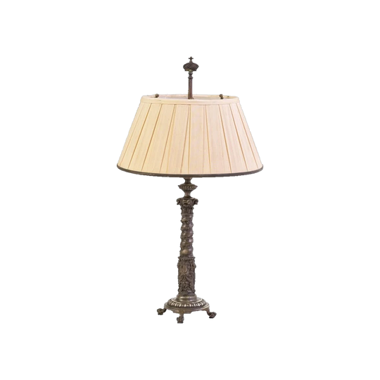 Antique French Early 20th Century Bronze Solomonic Column Table Lamp with Pleated Silk Shade