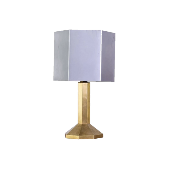 Hexagonal Brass Table Lamp with Silvered Hexagonal Shade, Signed Base, Probably English, Late 20th Century