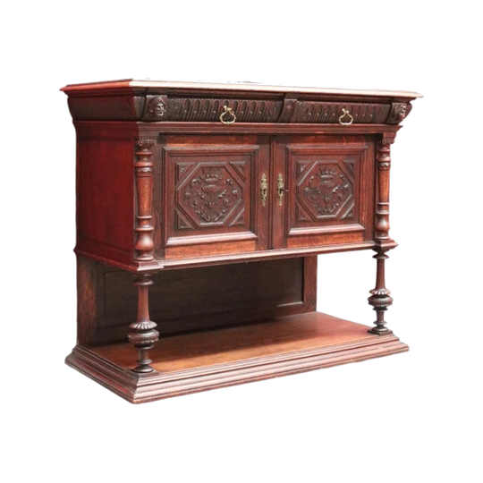 Antique French Oak Hall Cabinet or Sideboard, Two-Drawer Entry/Foyer Cupboard, France, c. 1870