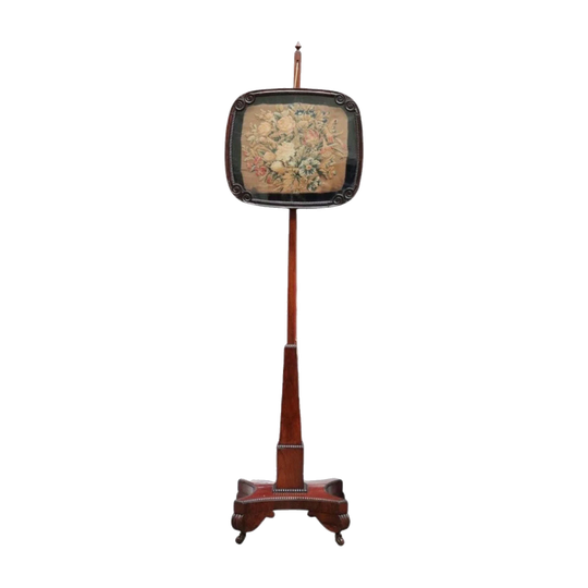 Antique William IV English Rosewood Pole Screen with Hand-made Tapestry Panel and Beaded Border, c.1860
