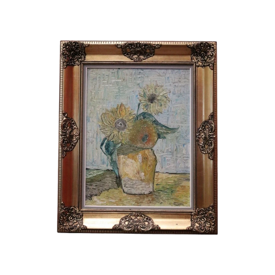 Framed Oil on Canvas, Sunflowers in a Vase, in the Style of Van Gogh, Gold Frame, France