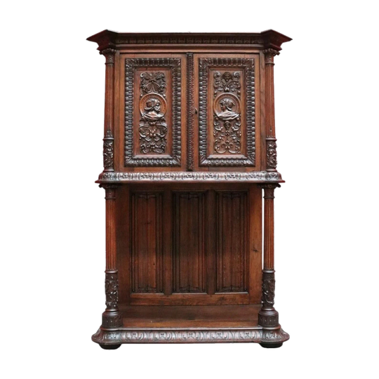 Antique French Gothic Revival Oak Sacrament Church Court Cabinet, 1840s