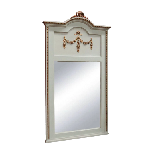 Antique French Oak Wall Mirror with French Grey Painted Frame, Gilt Trim and Bevelled Edge, c.1880