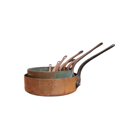 Eight Antique Copper and Cast Iron Saucepans, Stamped "Antwerpen" (Antwerp), Belgium