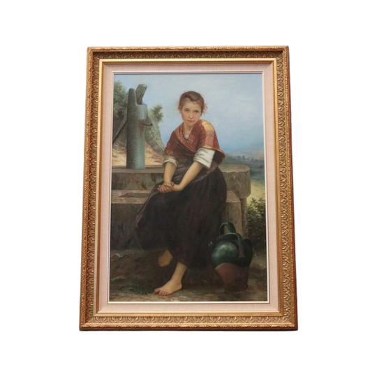 Framed Oil on Board Painting — European Girl at a Well, Signed Lower Right