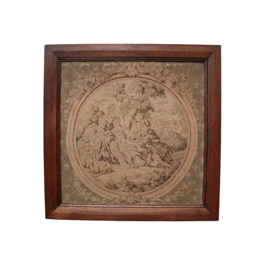 Antique French Aubusson-Style Hand-Made Tapestry in Original Oak Frame