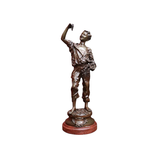 19th Century French Bronze ‘Le Maraudeur’ by Lavergne, Signed, on Marble Plinth – Boy with Grapes