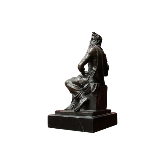 Antique Bronze Seated Moses with the Tablets of the Law after Michelangelo, Marble Base, Signed