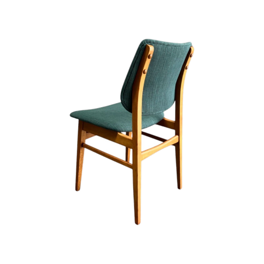 Set of 4 Mid-Century Vintage Dining Chairs – Restored Timber, Teal Linia Upholstery