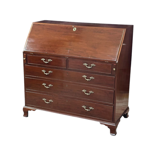 George III English Mahogany Secrétaire Writing Bureau, c.1820, Satinwood Inlay, Original Brass
