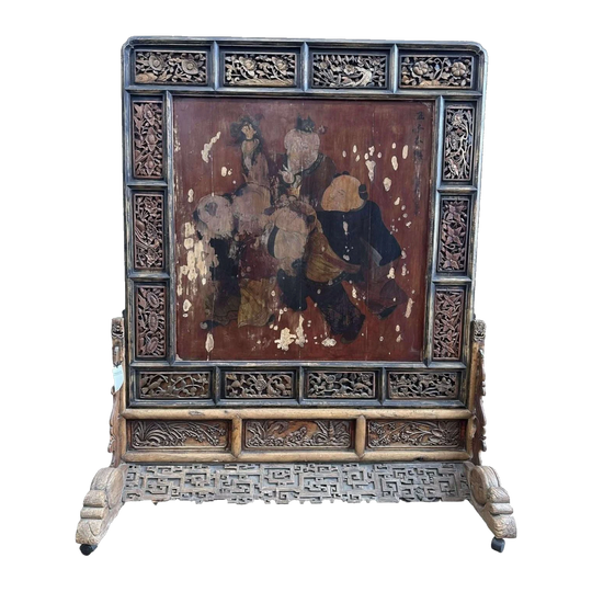 Chinese Antique Solid Elm Screen with Carved Floral and Bird Panels and Hand-Painted Scene, Wheeled Base