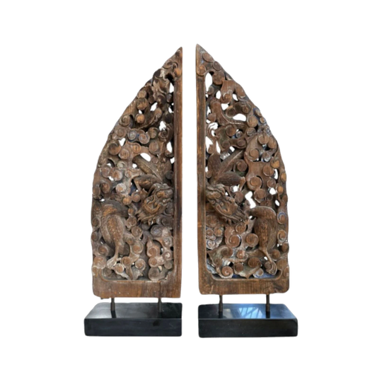 Pair of 17th-Century Shan Xi Province Hand-Carved Wooden Dragons on Stone Bases