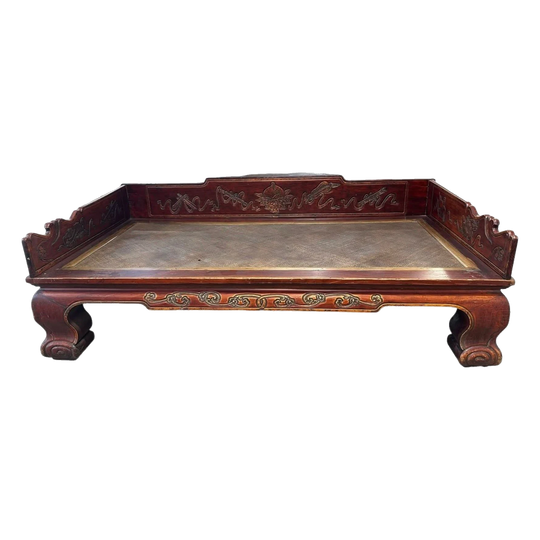 Qing Dynasty Chinese Daybed – Hand-Carved Elm with Original Rattan Seat, c. 1800