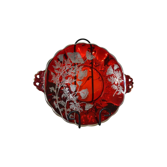 Vintage New Martinsville Ruby Red "Janice" Silver overlay poppy handled cake plate