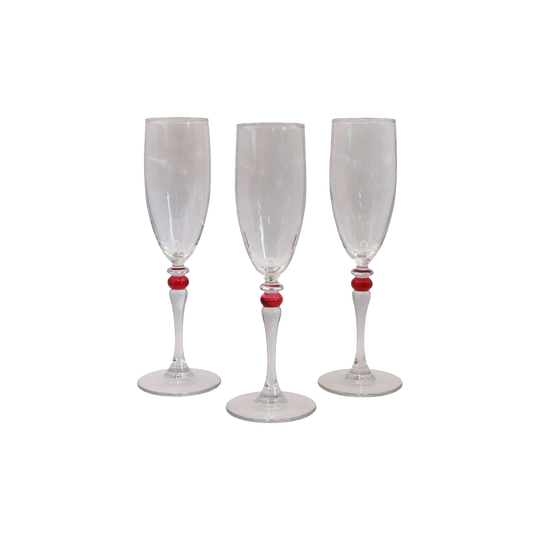 Cortina Red by Cristal D'Arques-Duraid. Champagne Flute with red wafer stem. Set of 3