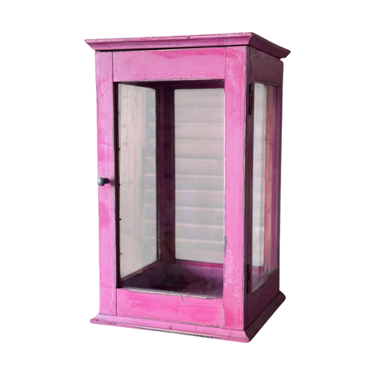 Vintage Handcrafted Painted Glass Display Case with Hinged Door, Pink, Solid Timber Top