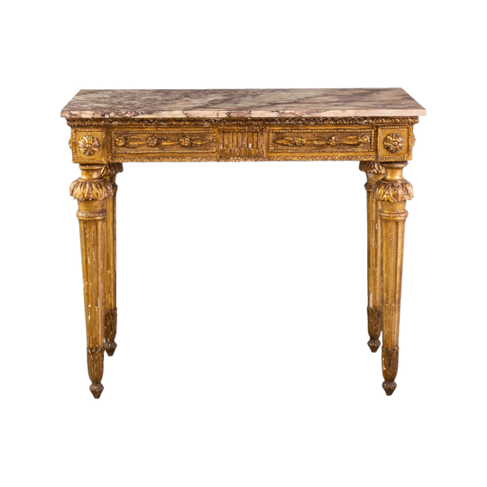18th Century Italian Louis XVI Giltwood Console Table with Later Violet Marble Top, circa 1780