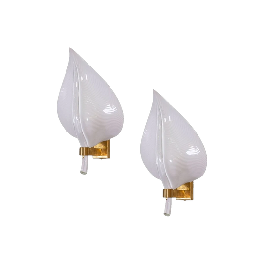 Pair of Franco Luce for Seguso Leaf Wall Lights in Filigrana White and Clear Glass with Gilt Brass, Italy, Modern