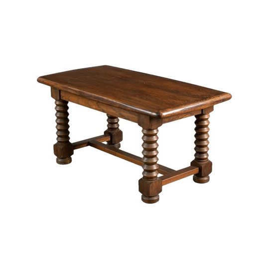 1940s Brutalist Oak Side or Coffee Table with Corkscrew Legs and H-Stretcher