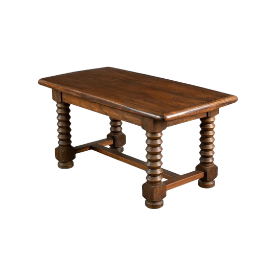 1940s Brutalist Oak Side or Coffee Table with Corkscrew Legs and H-Stretcher