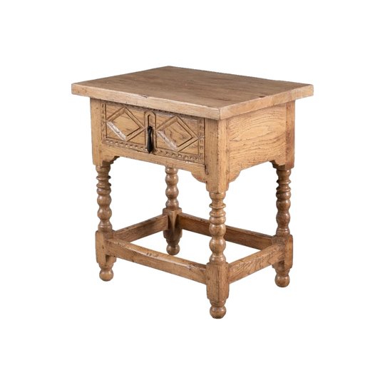Spanish-Style Bleached Oak Bedside Table with Geometric Carved Front, Modern Made